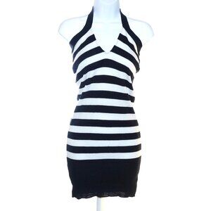 90s Y2K Dress Womens Sz S West Seal Body Con Hugging Sweater Striped Halter Blac